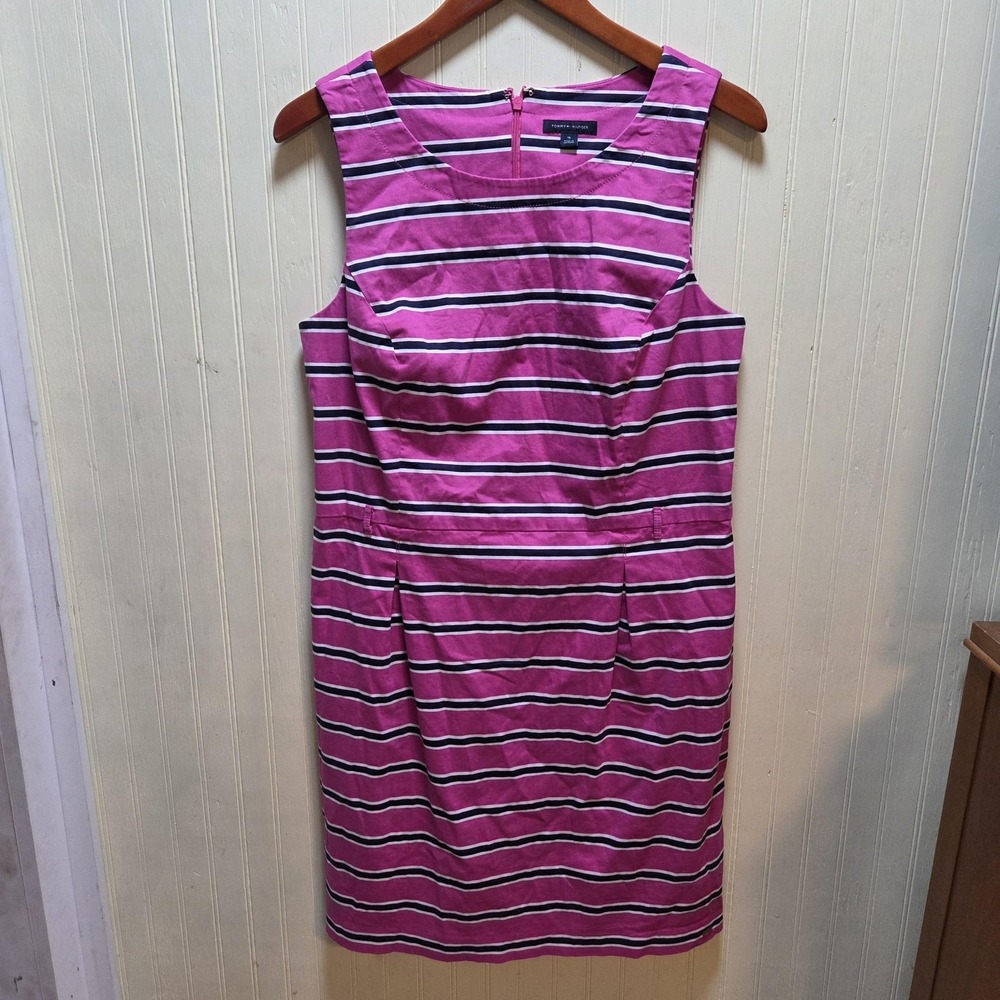 Tommy Hilfiger Dress Womens 16 Pink Stripe Sleeveless Scoop Neck Sheath Knee